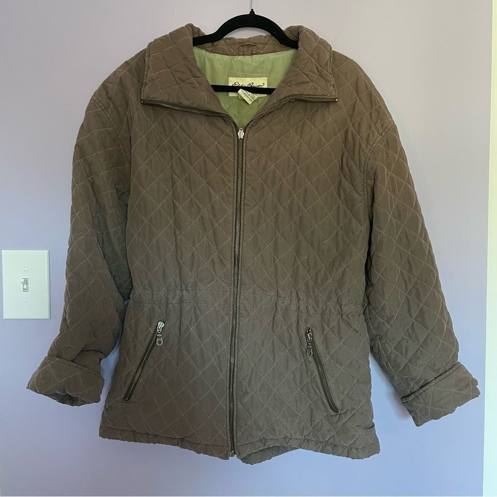 Eddie Bauer Women’s Quilted Jacket Beige with Sage Lining DuPont ThermoLoft L